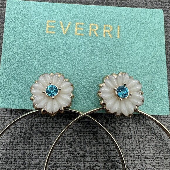 Everri White Blue Flower Hoop Earrings Rhinestone Glass Gold Tone Statement - Picture 2 of 8